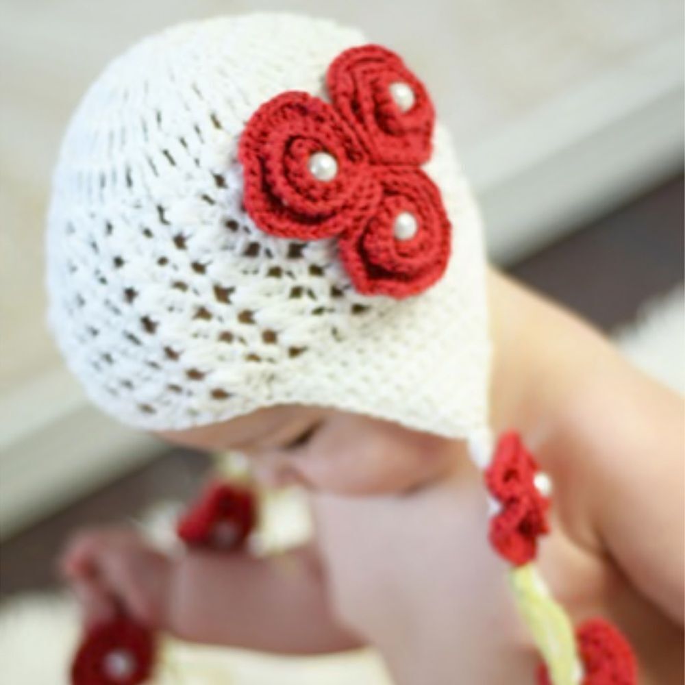 Bebe Chapeau Girls White Hat with Roses Side Braids 100% Cotton 6-12 months NEW
